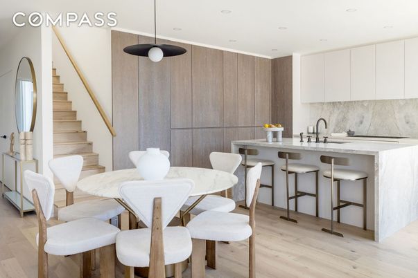 Dining room, Interior, Kitchen, Pendant Lights, Recessed Lighting, Wood Texture Flooring