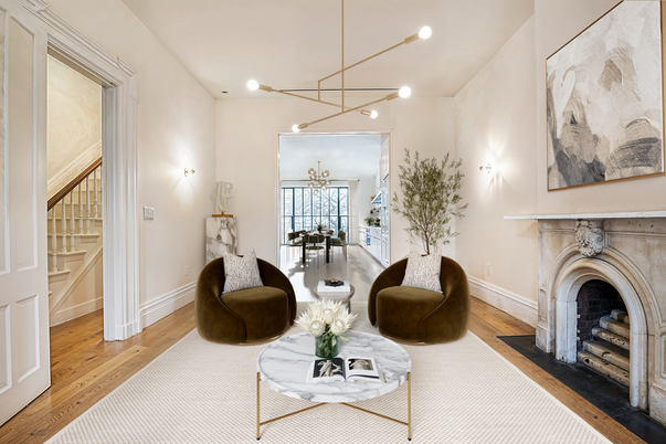 Dining room, Fireplace, Interior, Living room, Pendant Lights, Recessed Lighting, Wood Texture Flooring