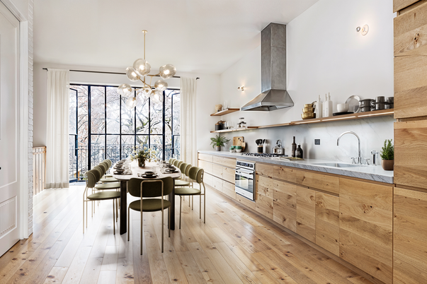 Dining room, Interior, Kitchen, Pendant Lights, Wood Texture Flooring