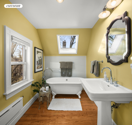 Bathroom, Dual Sink Vanities, Free Standing Baths, Interior, Recessed Lighting, Wood Texture Flooring