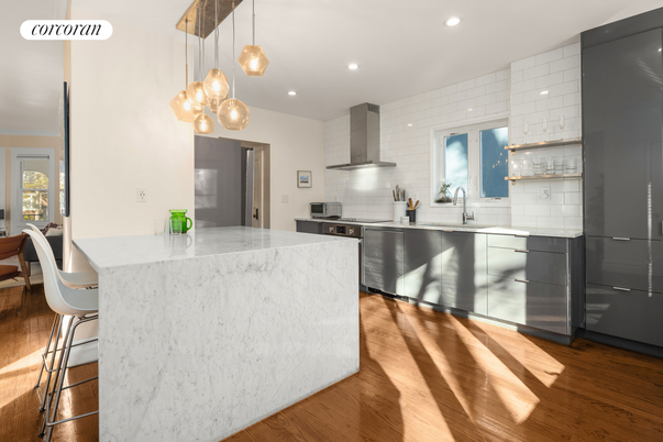 Interior, Kitchen, Pendant Lights, Recessed Lighting, Stainless Steel Appliances, Wood Texture Flooring
