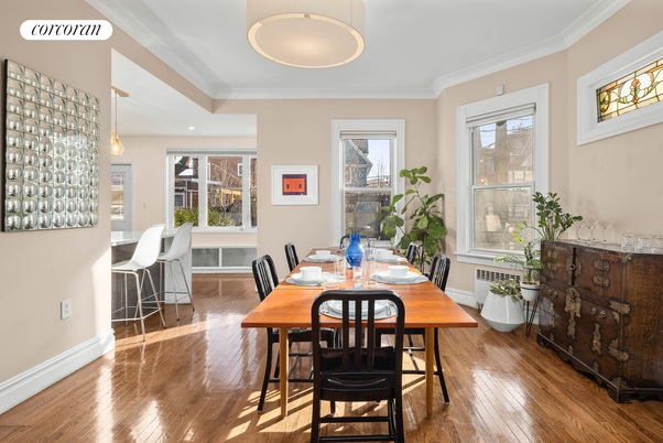 Dining room, Interior, Pendant Lights, Recessed Lighting, Wood Texture Flooring