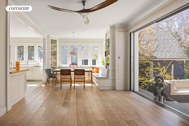Dining room, Interior, Pendant Lights, Wood Texture Flooring