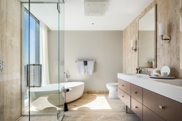 Bathroom, Dual Sink Vanities, Free Standing Baths, Interior, Wood Texture Flooring