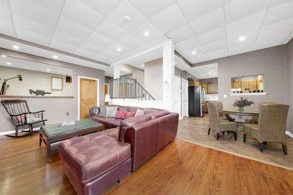 Dining room, Interior, Living room, Recessed Lighting, Wood Texture Flooring