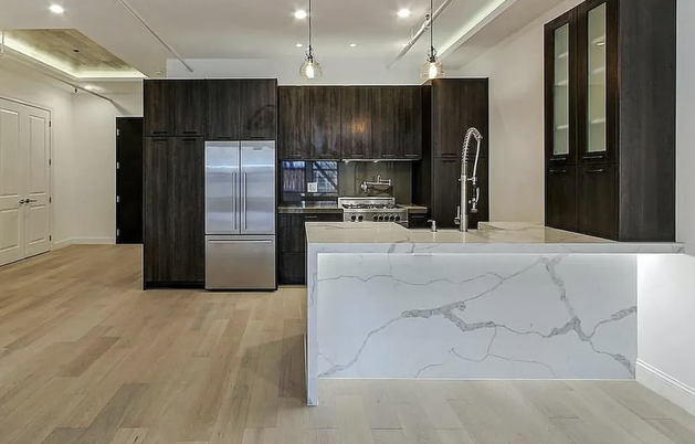 Interior, Kitchen, Pendant Lights, Recessed Lighting, Stainless Steel Appliances, Wood Texture Flooring