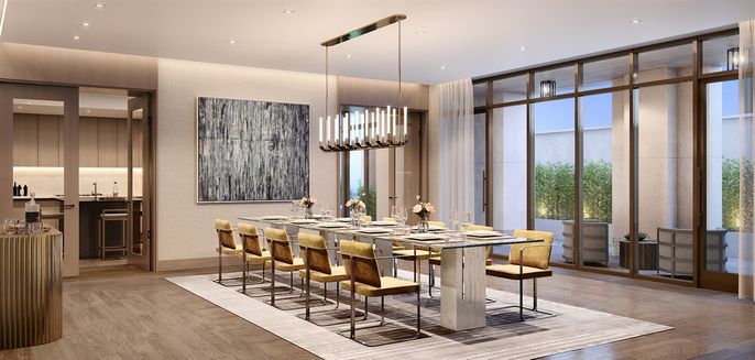 Chandelier, Dining room, Interior, Pendant Lights, Recessed Lighting, Wood Texture Flooring