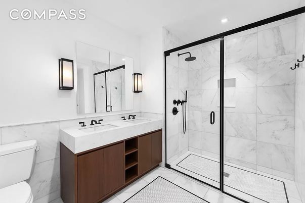 Bathroom, Dual Sink Vanities, Glass Shower, Interior, Marble Walls, Recessed Lighting
