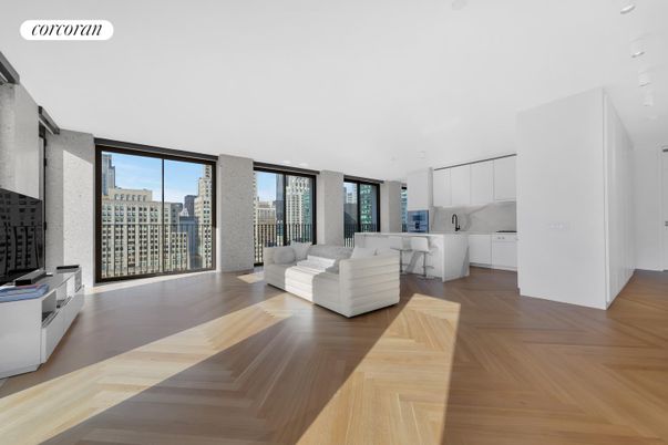 Interior, Kitchen, Living room, Marble Walls, Recessed Lighting, Water, Wood Texture Flooring