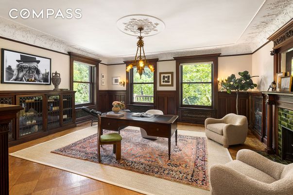 Chandelier, Fireplace, Home Office, Interior, Wood Texture Flooring