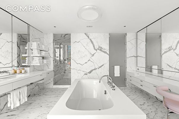 Bathroom, Dual Sink Vanities, Glass Shower, Interior, Marble, Marble Walls, Recessed Lighting