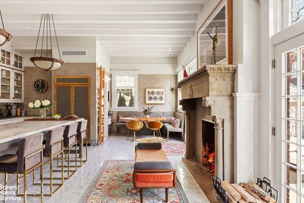 Dining room, Fireplace, Interior, Pendant Lights