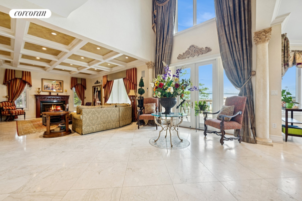 Fireplace, Interior, Living room, Marble, Recessed Lighting