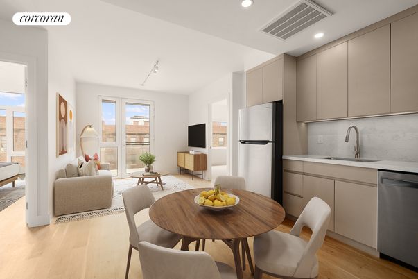 Dining room, Interior, Kitchen, Living room, Recessed Lighting, Wood Texture Flooring