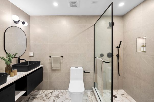 Bathroom, Glass Shower, Interior, Marble, Recessed Lighting