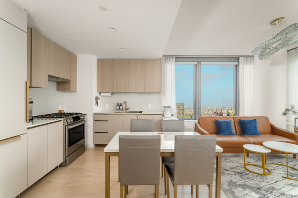Dining room, Interior, Kitchen, Living room, Recessed Lighting, Stainless Steel Appliances, Wood Texture Flooring