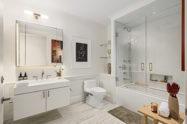 Bathroom, Glass Shower, Interior, Wood Texture Flooring