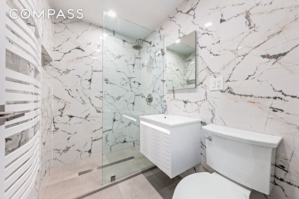 Bathroom, Glass Shower, Interior, Marble Walls, Recessed Lighting