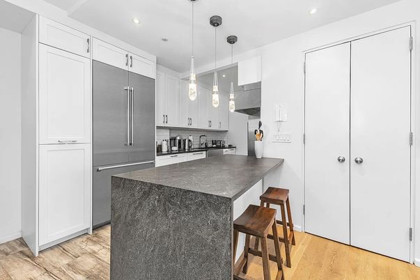 Interior, Kitchen, Pendant Lights, Recessed Lighting, Stainless Steel Appliances, Wood Texture Flooring