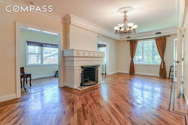 Chandelier, Empty room, Fireplace, Interior, Wood Texture Flooring