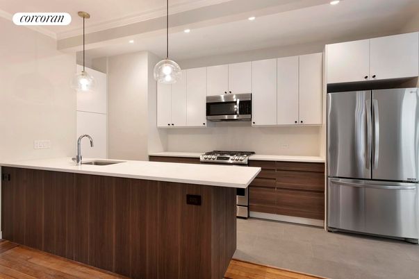Interior, Kitchen, Pendant Lights, Recessed Lighting, Stainless Steel Appliances, Wood Texture Flooring