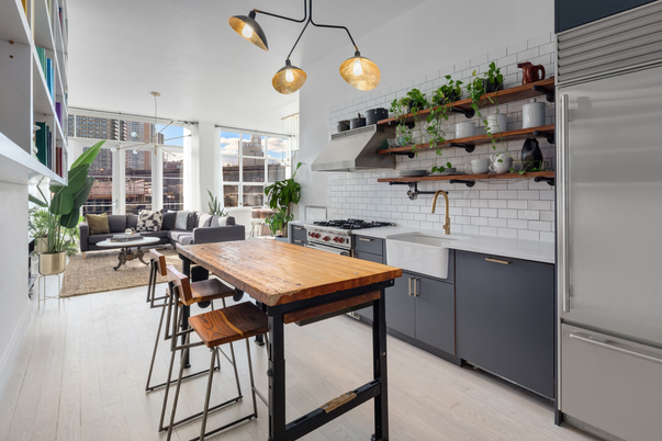 Dining room, Interior, Kitchen, Living room, Pendant Lights, Stainless Steel Appliances, Wood Texture Flooring