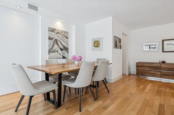 Dining room, Interior, Recessed Lighting, Wood Texture Flooring