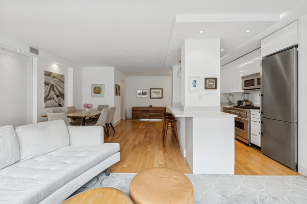 Dining room, Interior, Kitchen, Recessed Lighting, Stainless Steel Appliances, Wood Texture Flooring