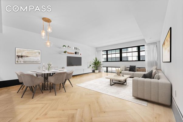 Dining room, Interior, Living room, Pendant Lights, Wood Texture Flooring