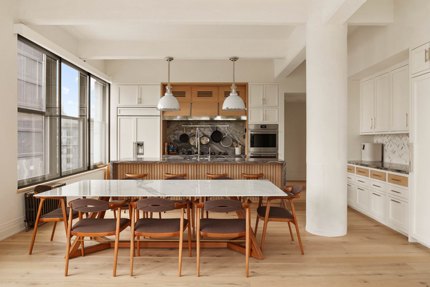 Dining room, Interior, Kitchen, Pendant Lights, Stainless Steel Appliances, Wood Texture Flooring