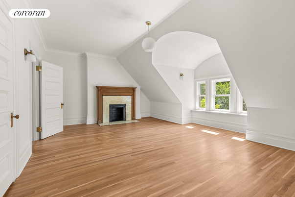 Empty room, Fireplace, Interior, Pendant Lights, Wood Texture Flooring