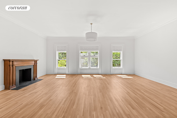 Empty room, Fireplace, Interior, Pendant Lights, Wood Texture Flooring