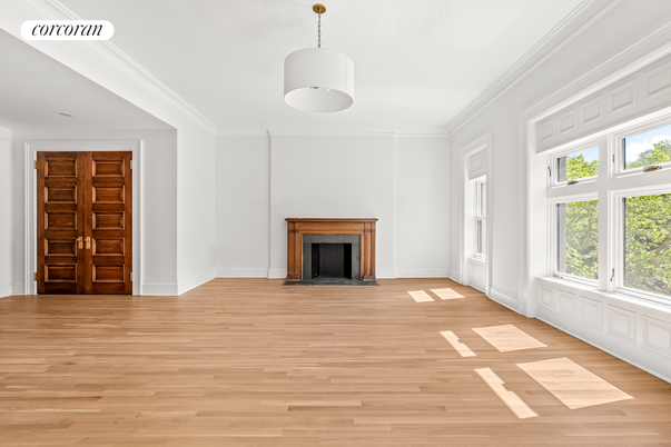 Empty room, Fireplace, Interior, Pendant Lights, Wood Texture Flooring