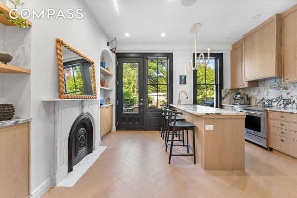 Fireplace, Interior, Kitchen, Pendant Lights, Recessed Lighting, Wood Texture Flooring