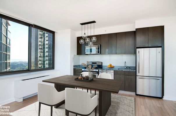Dining room, Interior, Kitchen, Pendant Lights, Wood Texture Flooring
