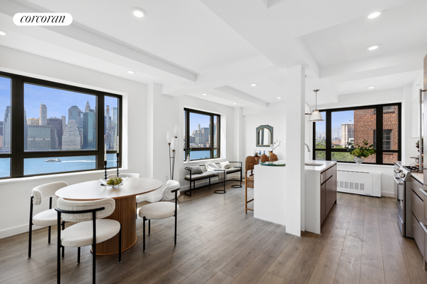 Dining room, Interior, Kitchen, Living room, Pendant Lights, Recessed Lighting, Water, Wood Texture Flooring