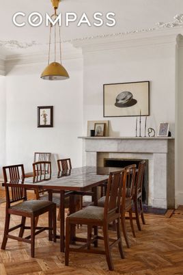 Dining room, Fireplace, Interior, Pendant Lights, Recessed Lighting, Wood Texture Flooring