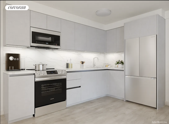 Interior, Kitchen, Marble Walls, Stainless Steel Appliances, Wood Texture Flooring