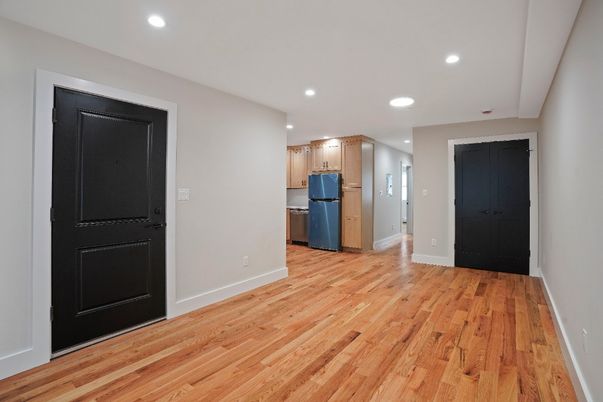 Empty room, Interior, Kitchen, Recessed Lighting, Wood Texture Flooring
