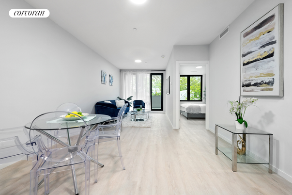 Dining room, Interior, Living room, Recessed Lighting, Wood Texture Flooring