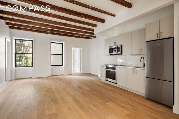 Interior, Kitchen, Pendant Lights, Stainless Steel Appliances, Wooden Beams, Wood Texture Flooring