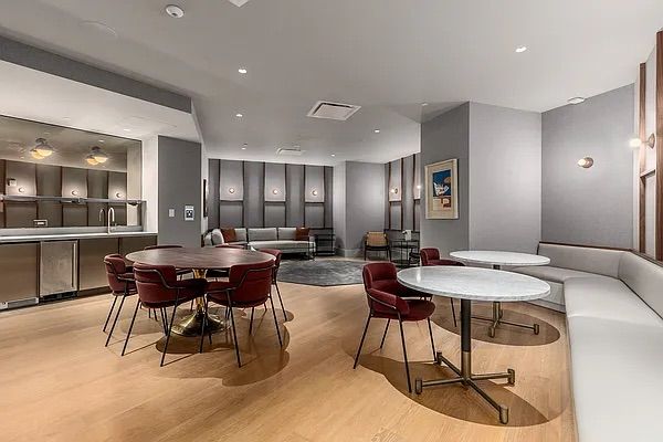 Dining room, Interior, Living room, Recessed Lighting, Wood Texture Flooring