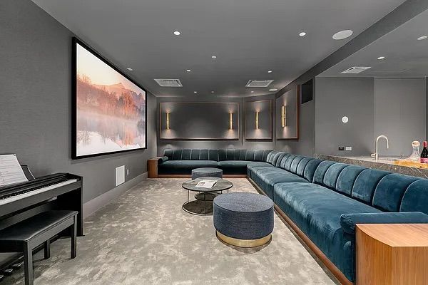 Interior, Living room, Piano, Recessed Lighting, Theatre Room