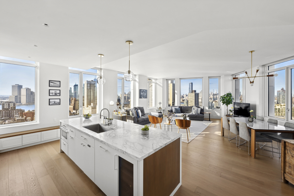 Dining room, Interior, Kitchen, Living room, Pendant Lights, Recessed Lighting, Water, Wood Texture Flooring