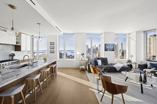 Interior, Kitchen, Living room, Pendant Lights, Stainless Steel Appliances, Water, Wood Texture Flooring
