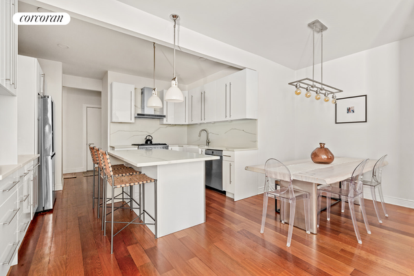 Dining room, Interior, Kitchen, Pendant Lights, Stainless Steel Appliances, Wood Texture Flooring
