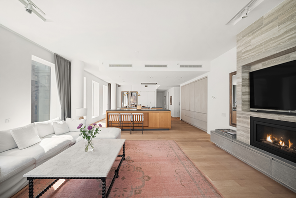 Dining room, Fireplace, Interior, Kitchen, Living room, Pendant Lights, Stone Walls, Wood Texture Flooring