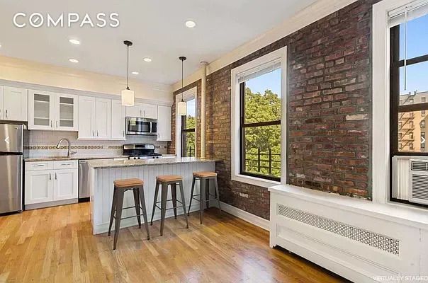Interior, Kitchen, Pendant Lights, Recessed Lighting, Stainless Steel Appliances, Stone Walls, Wood Texture Flooring
