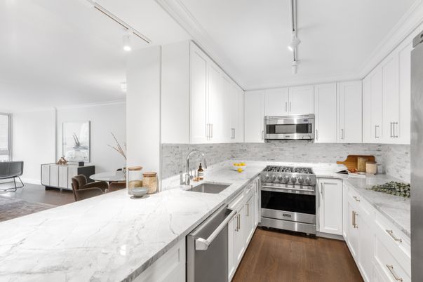 Interior, Kitchen, Pendant Lights, Stainless Steel Appliances, Wood Texture Flooring