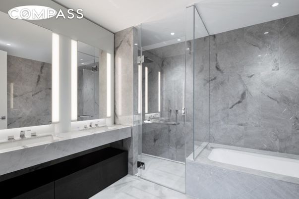 Bathroom, Dual Sink Vanities, Glass Shower, Interior, Marble Walls, Recessed Lighting